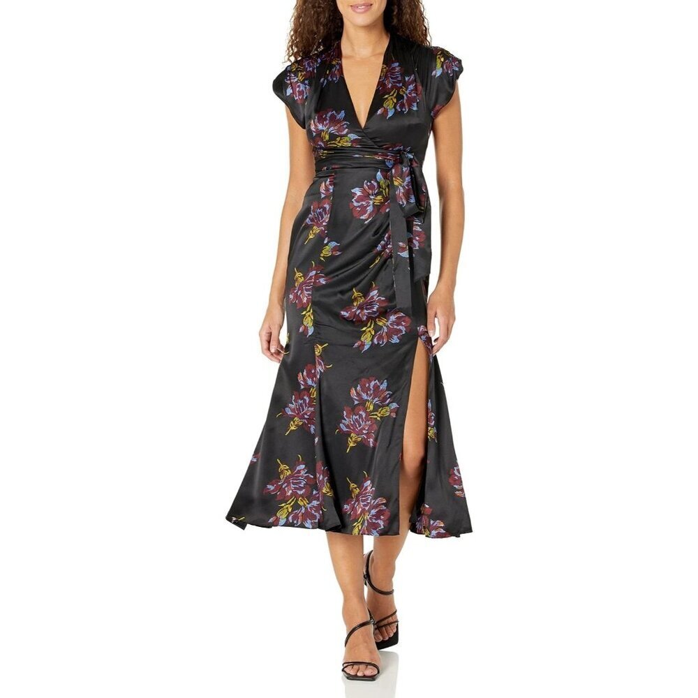 Cinq a Sept Women's Neila Silk Floral Tie Waist Midi Dress Black Blue Y2K Size 2